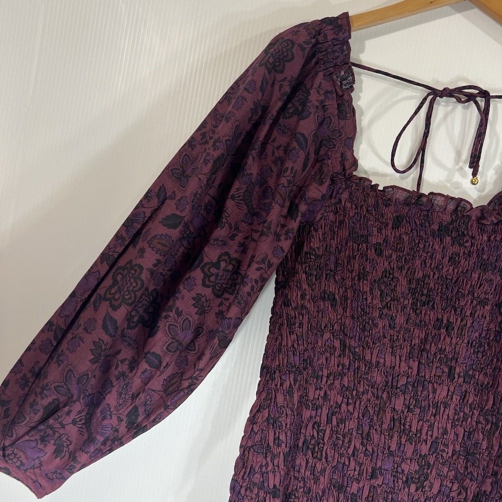 Free People Smock It To Me Mini Dress XS Burgundy Floral Puff Sleeve Cotton NEW - Picture 5 of 13